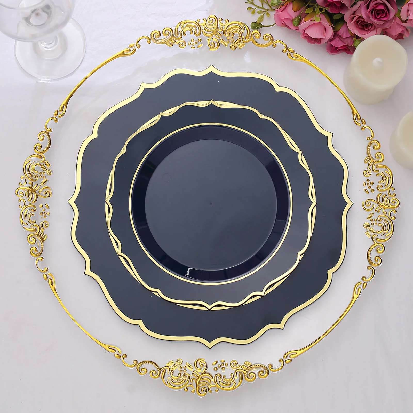 10-Pack Plastic 8 Round Desert Plates in Navy Blue with Gold Scalloped Rim - Disposable Appetizer/Salad Plates