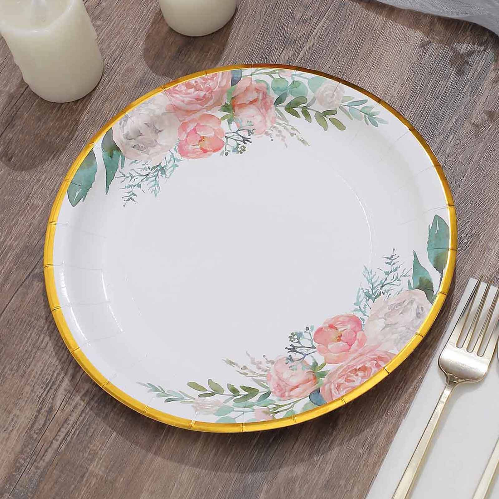 25-Pack Paper 7 Round Dessert Plates in White with Peony Floral Design & Gold Rim - Disposable Floral Salad Appetizer Plates for Brunches & Afternoon Teas