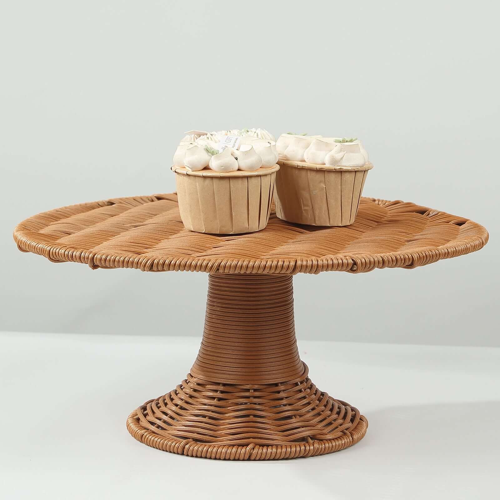 Plastic Round Rattan Wicker Pedestal Cake Stand Natural - Reusable Rustic Cupcake Holder Dessert Table Display Centerpiece for Home Parties & Events 12