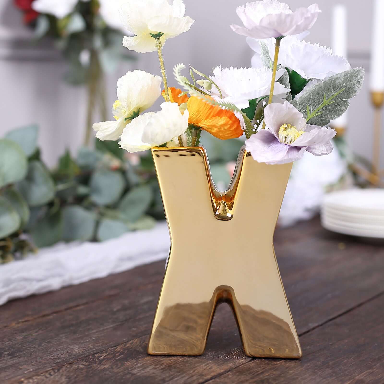 Shiny Ceramic Vase Letter X Gold Plated - Chic Bud Planter Pot for Events & Decor 6