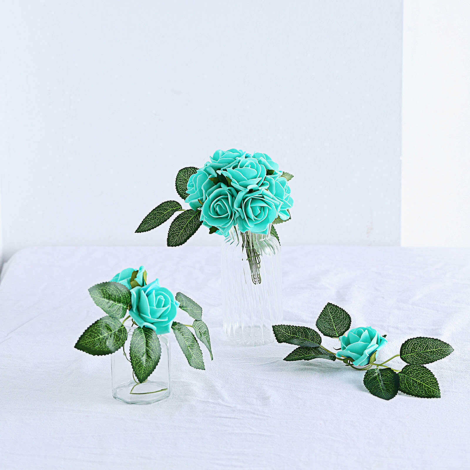 24 Roses 2 Turquoise Artificial Foam Flowers With Stem Wire and Leaves
