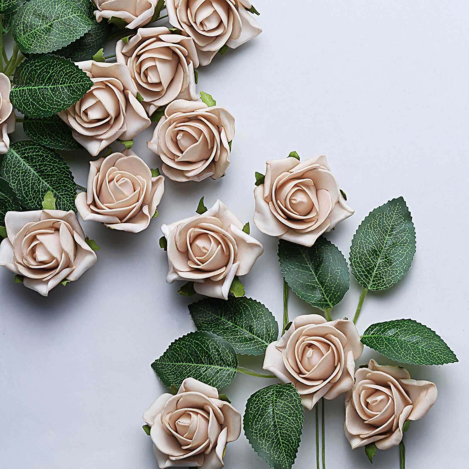 24 Roses 2 Champagne Artificial Foam Flowers With Stem Wire and Leaves