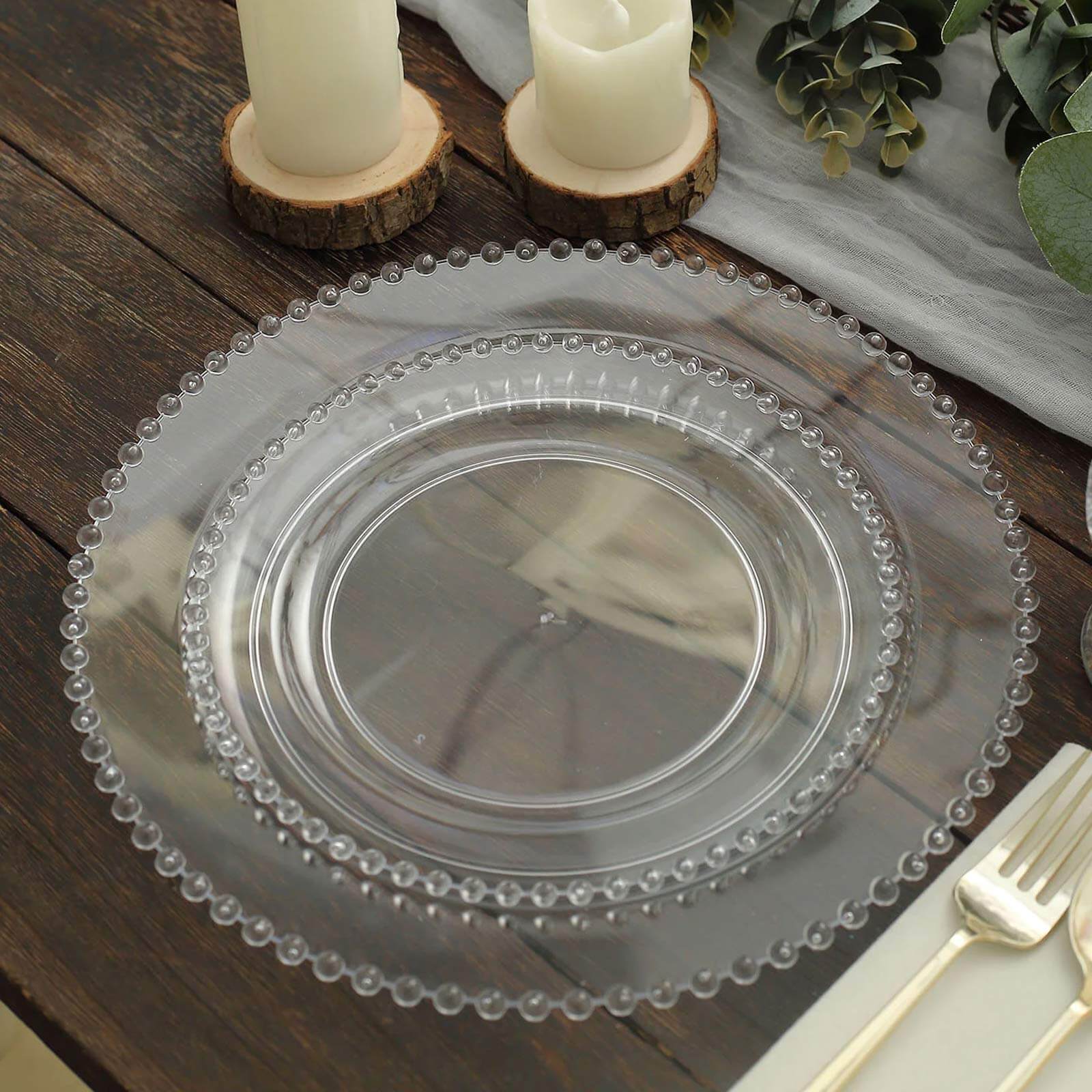 10-Pack Plastic 8 Round Appetizer Dessert Plates in Clear with Beaded Rim - Disposable Salad Plates