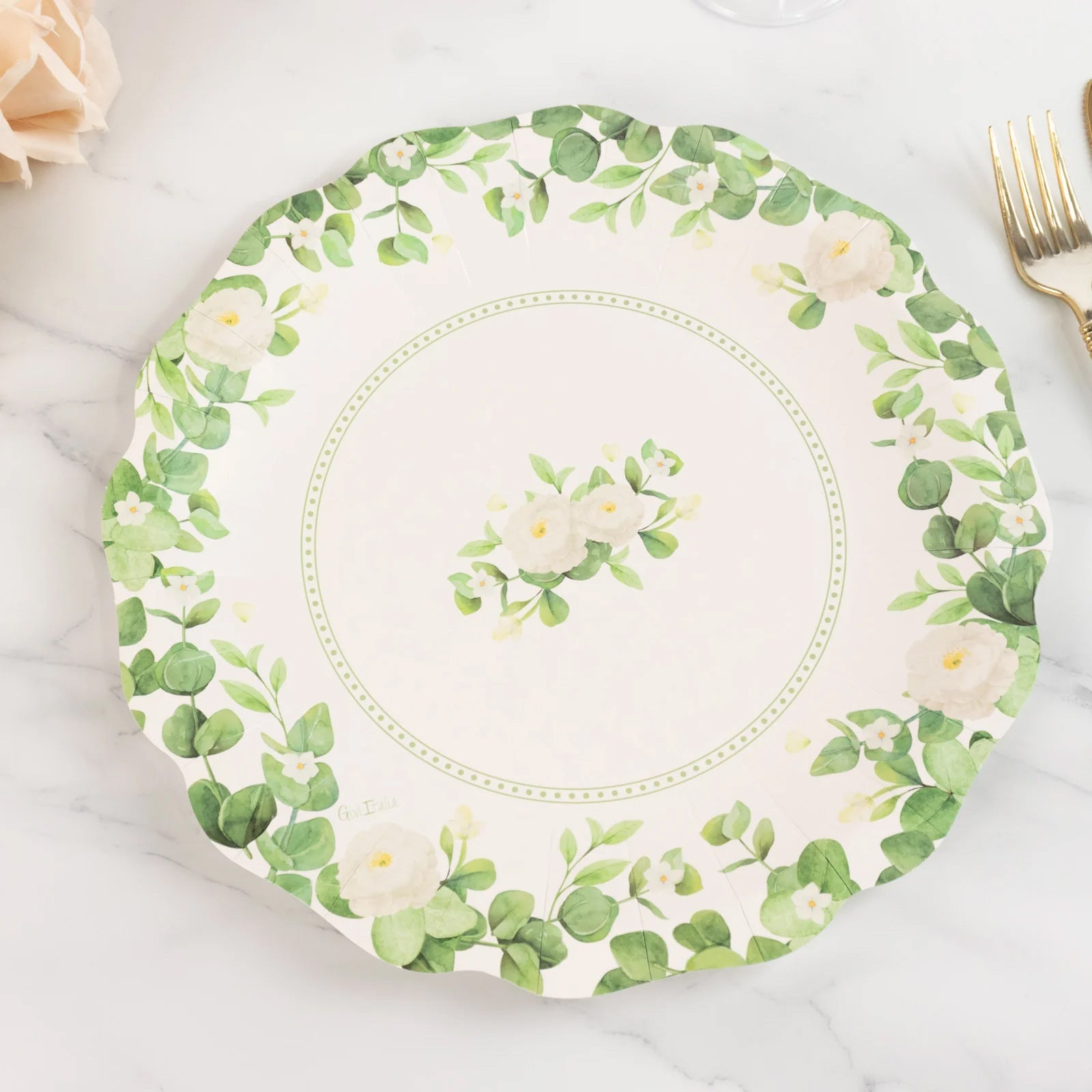 25-Pack Paper 11 Round Dinner Plates in White with Floral Greenery & Scalloped Edges - Disposable Party Plates for Nature-Inspired Events & Chic Celebrations