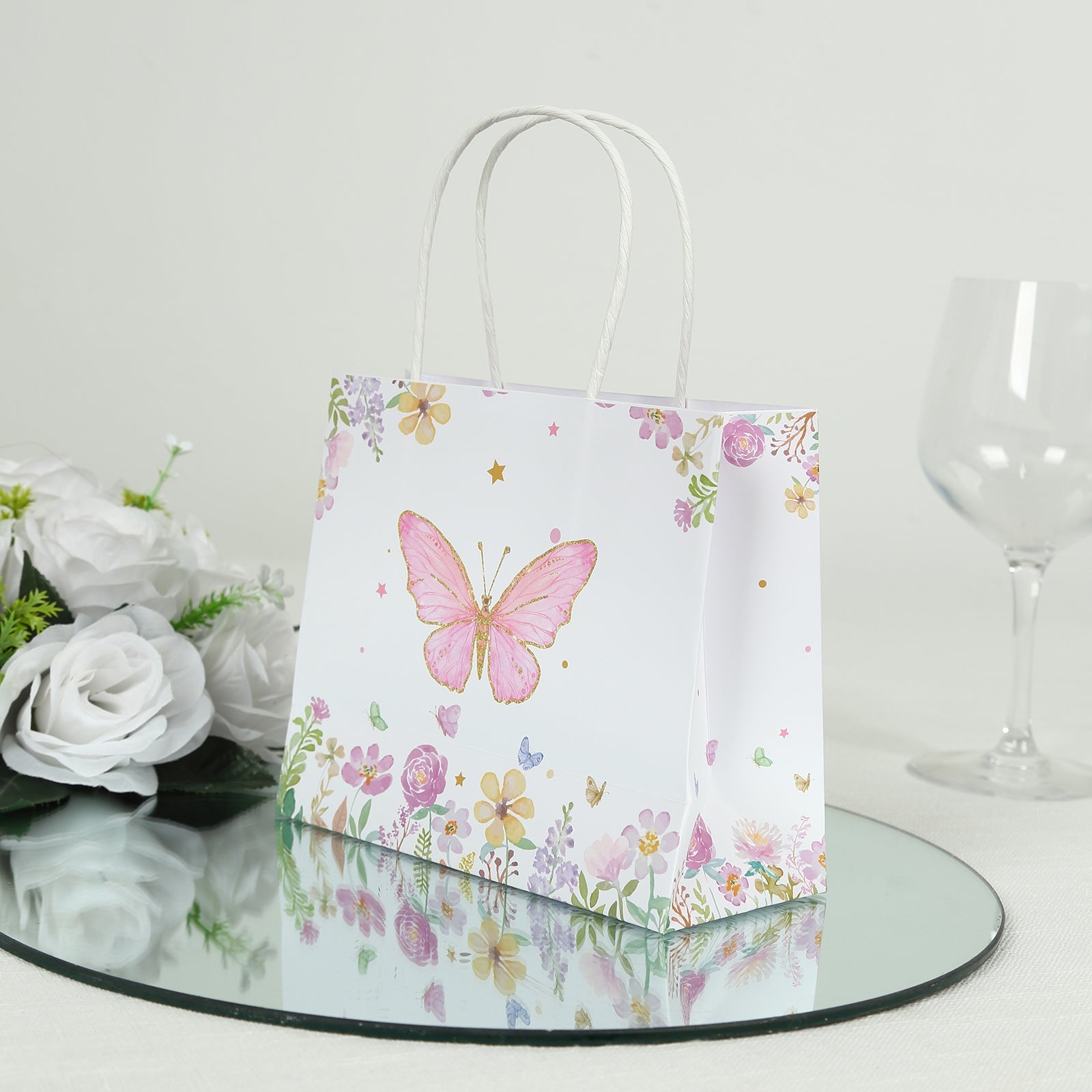 12 Pack Pink Glitter Butterfly Paper Favor Bags with Handles, Floral Print White Goodie Gift Bags - 6x7