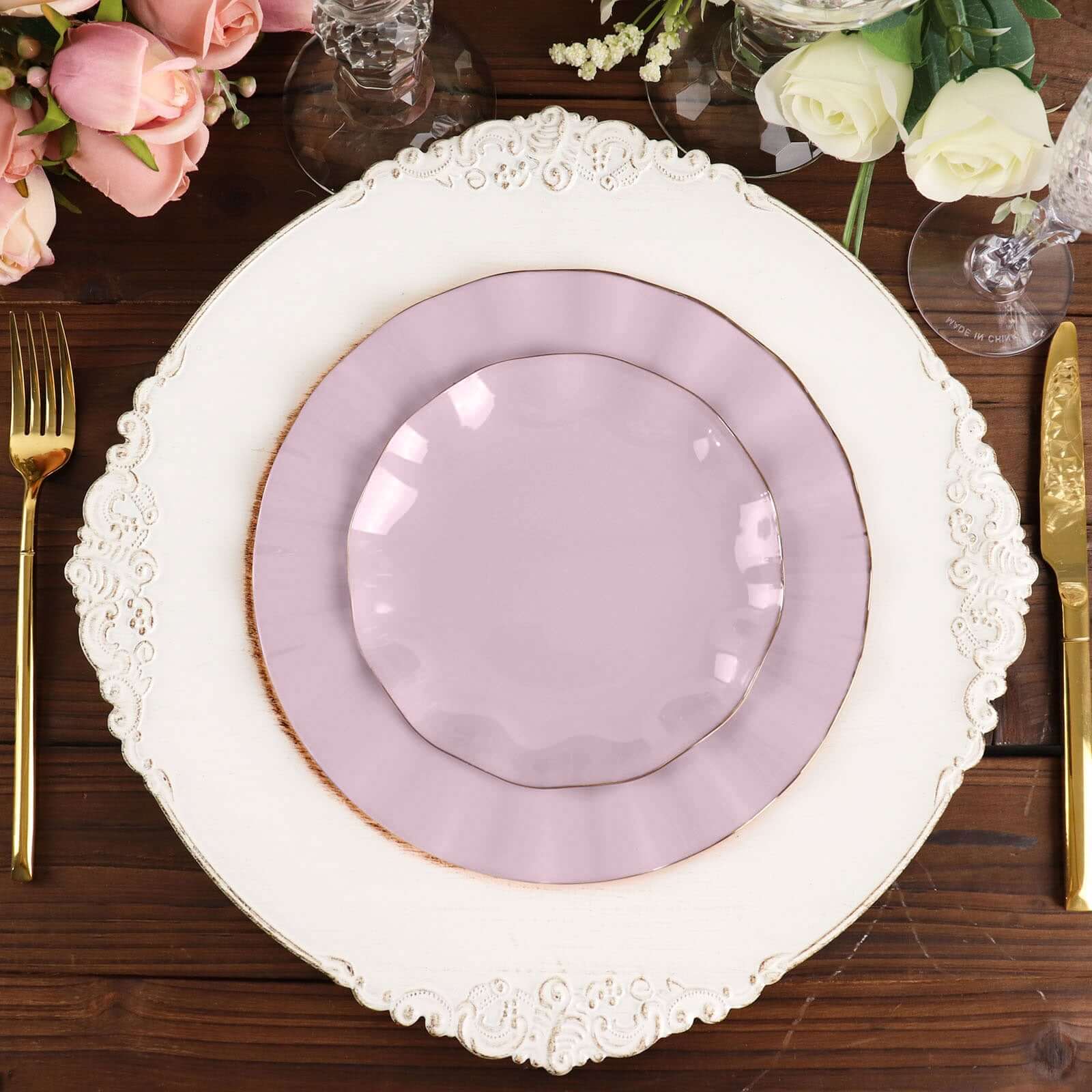 10-Pack Plastic Round 6 Dessert Plates in Lavender Lilac Ruffled Rim with Gold Edging - Sturdy Disposable Salad Appetizer Dinnerware