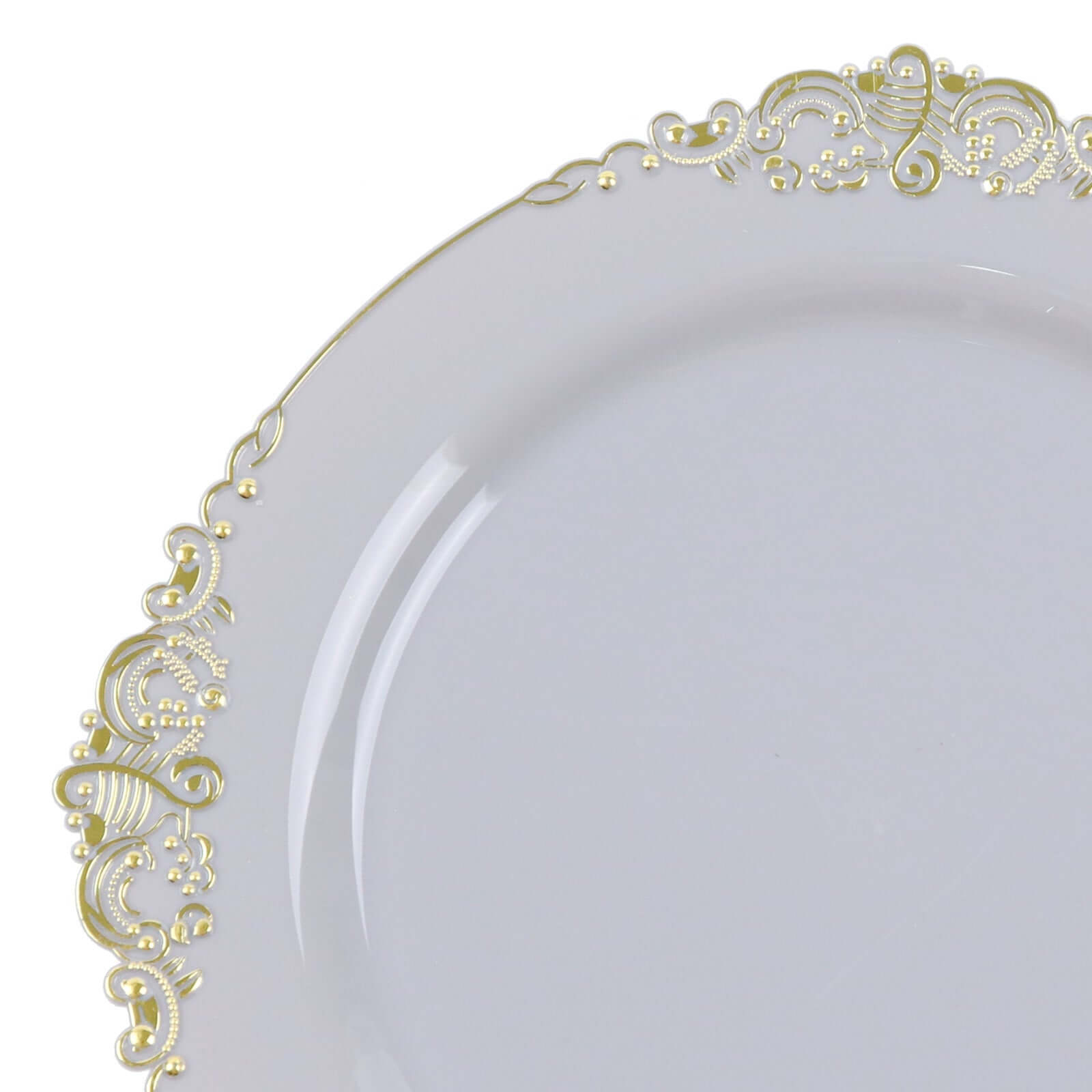 10-Pack Plastic 8 Round Dessert Plates in Gray with Gold Leaf Embossed Rim - Disposable Vintage Baroque Style Salad Plates