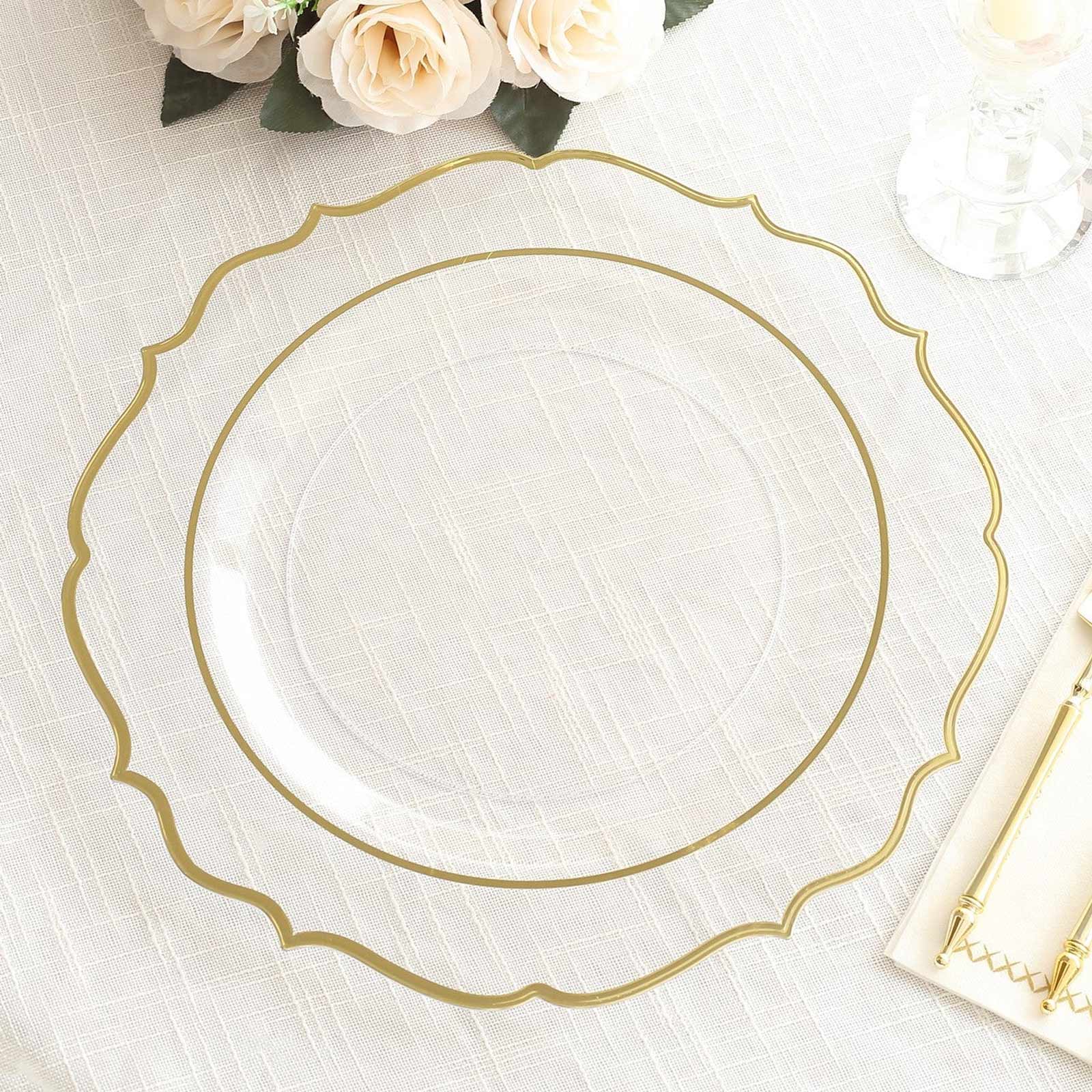 10-Pack Plastic 10 Round Dinner Plates in Clear with Gold Scalloped Rim - Disposable Party Plates