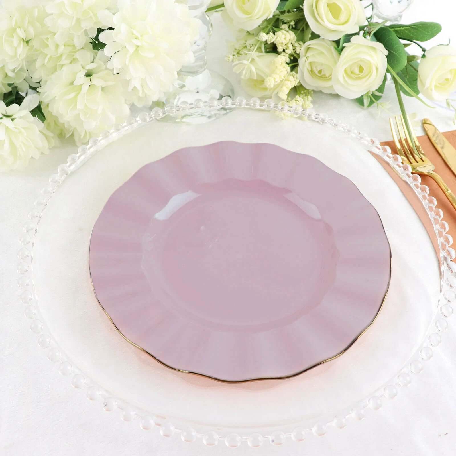 10-Pack Plastic 9 Round Dinner Plates in Lavender Lilac Ruffled Rim with Gold Edging - Sturdy Disposable Dinnerware