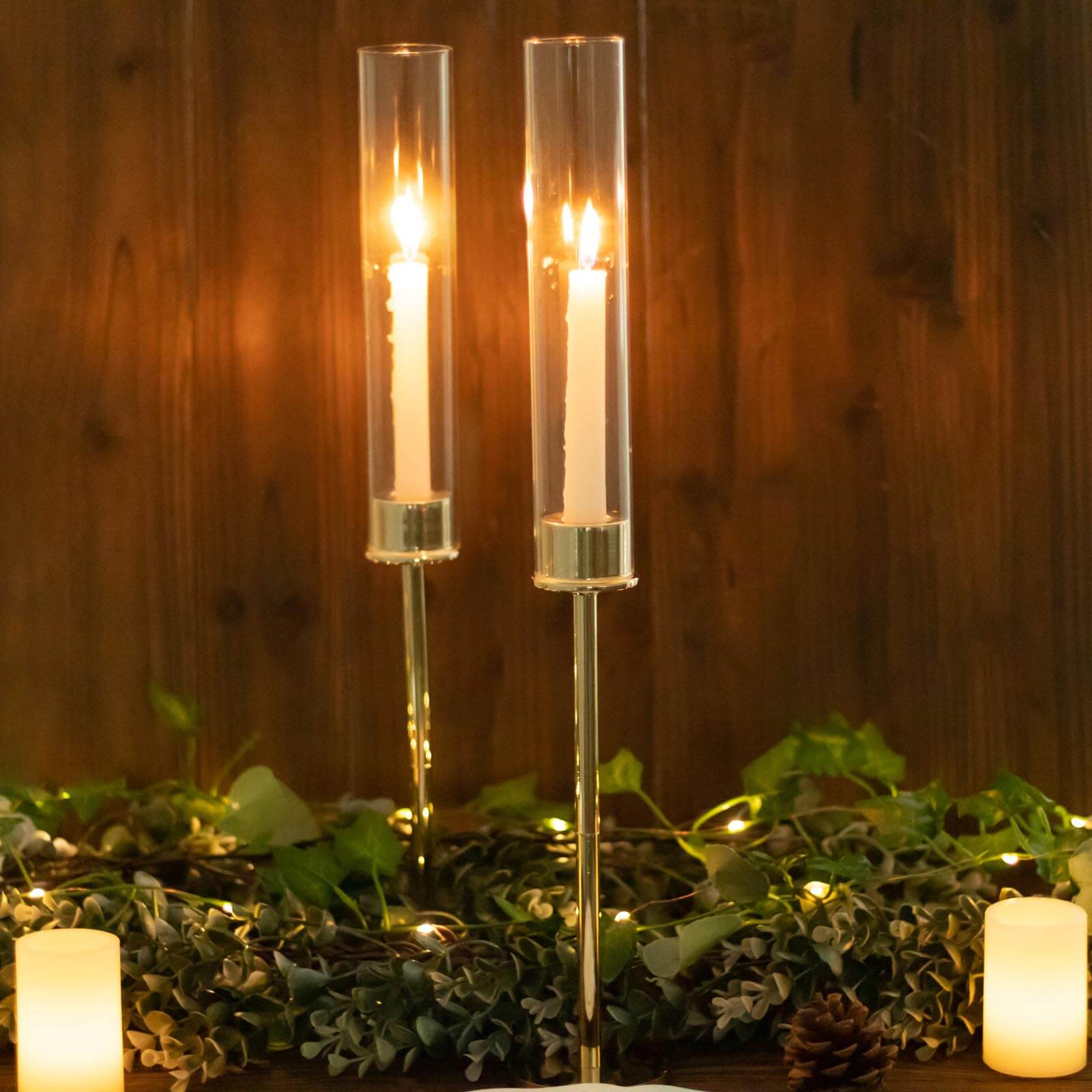 2-Pack Gold Metal Taper Candlestick Holders, Clear Glass Hurricane Candle Stands With Chimney Candle Shades 20