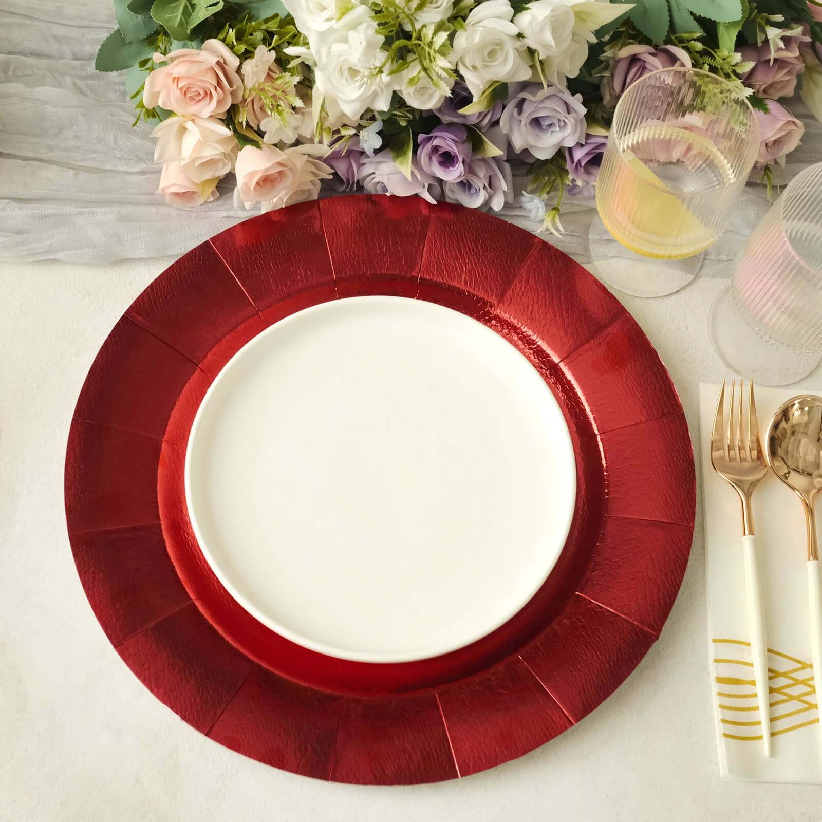 10-Pack Disposable Round Charger Plates in Red with Leathery Texture - Durable 1100GSM Cardboard Placemats 13