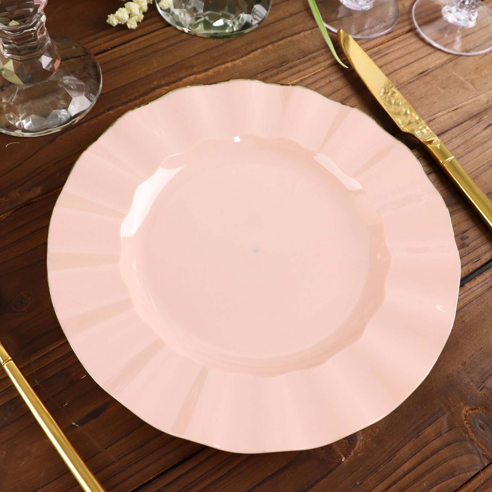 10-Pack Plastic 9 Round Dinner Plates in Blush Ruffled Rim with Gold Edging - Sturdy Disposable Dinnerware