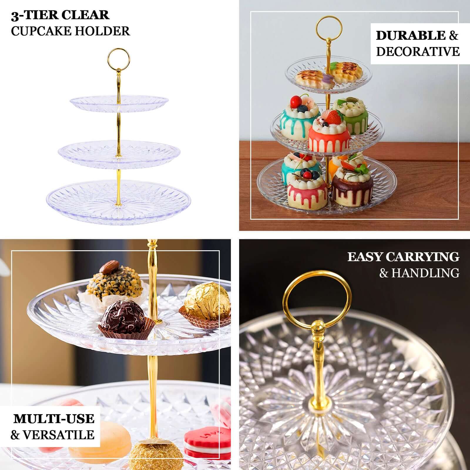 3-Tier Acrylic Cupcake Stand Clear - Sturdy Dessert Serving Tray Platter with Gold Top Handles for Classy Special Occasions & Dessert Buffets 12