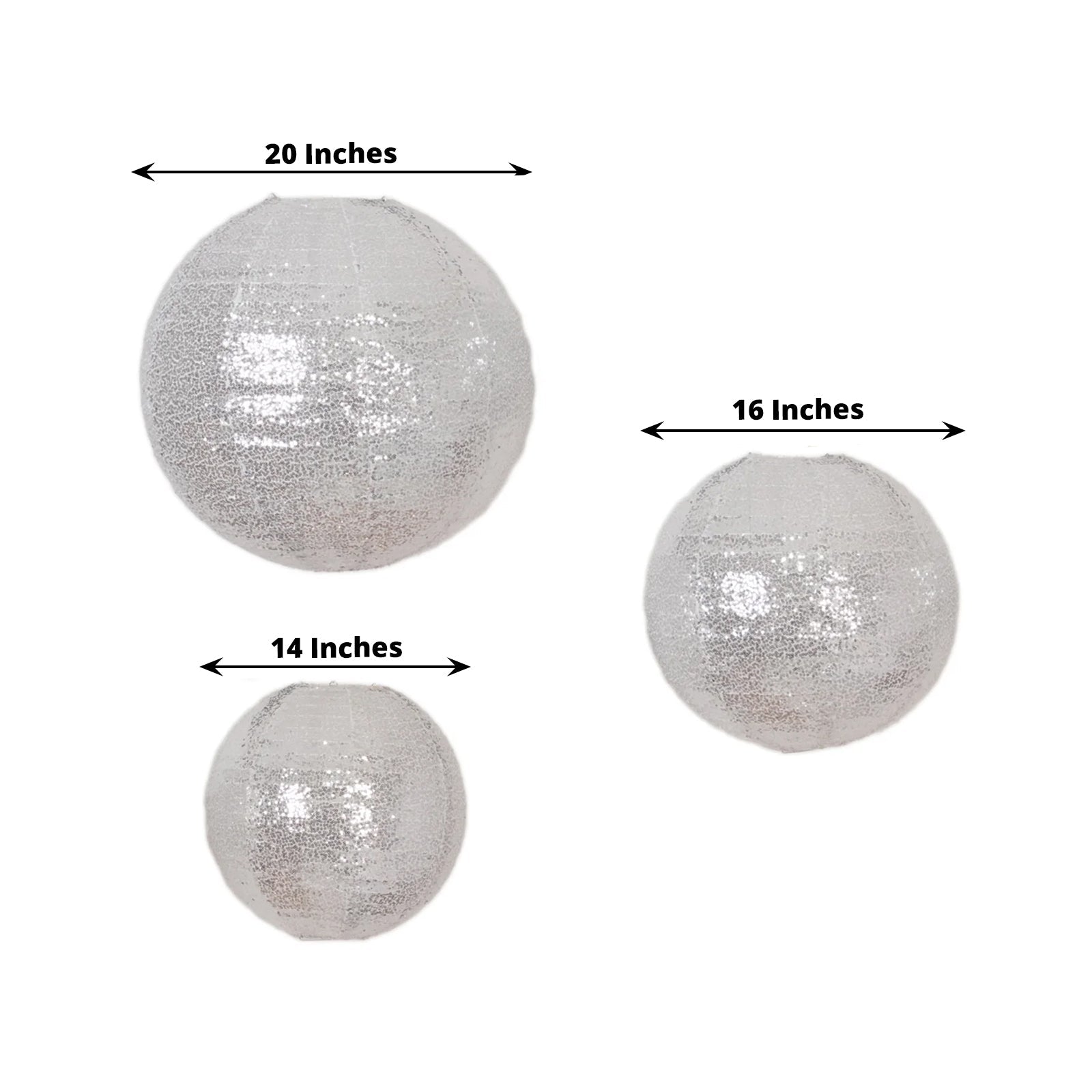 Set of 3 Glitter Silver Sequin Fabric Hanging Lanterns, Large Decorative Round Foldable Chinese Lantern Lampshades - 14,16,20