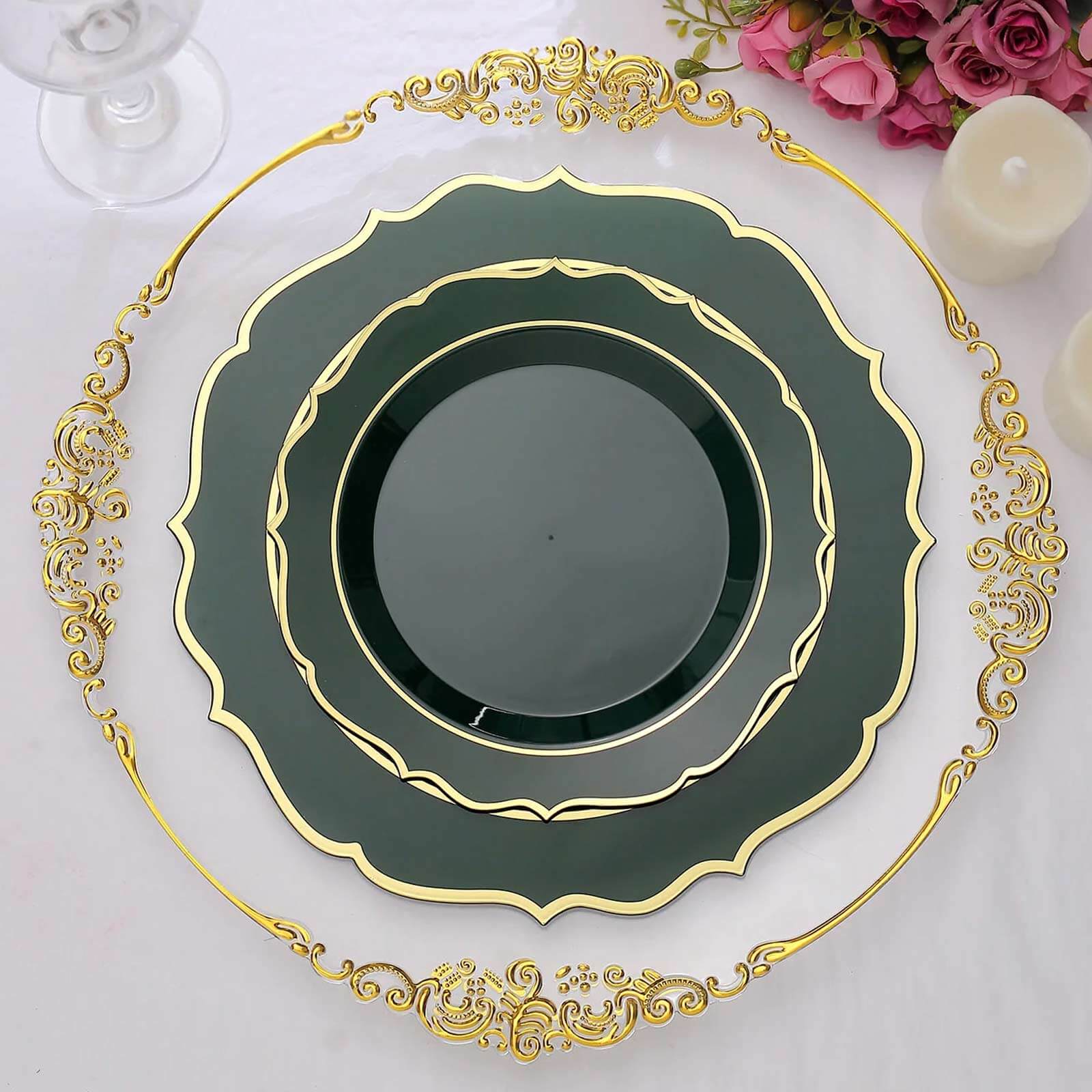 10-Pack Plastic 8 Round Desert Plates in Hunter Emerald Green with Gold Scalloped Rim - Disposable Appetizer/Salad Plates