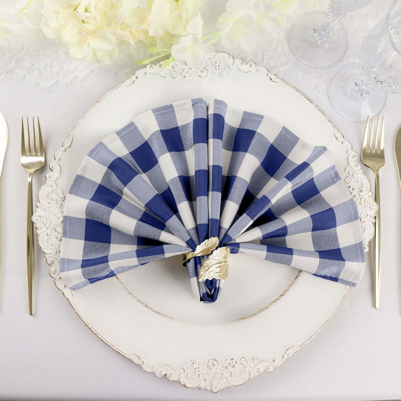 5 Pack Polyester 15x15 Napkins Navy Blue/White Buffalo Plaid Gingham Style Cloth Napkins