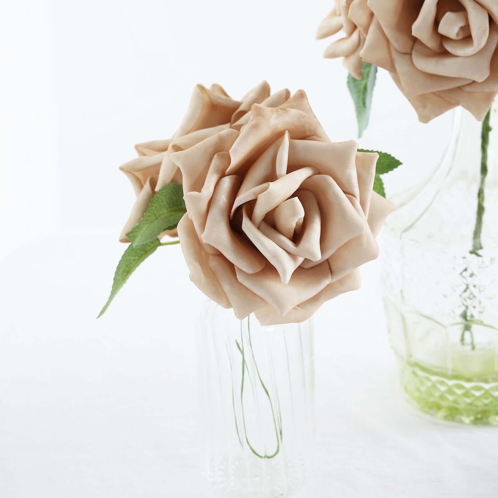 24 Roses 5 Champagne Artificial Foam Flowers With Stem Wire and Leaves