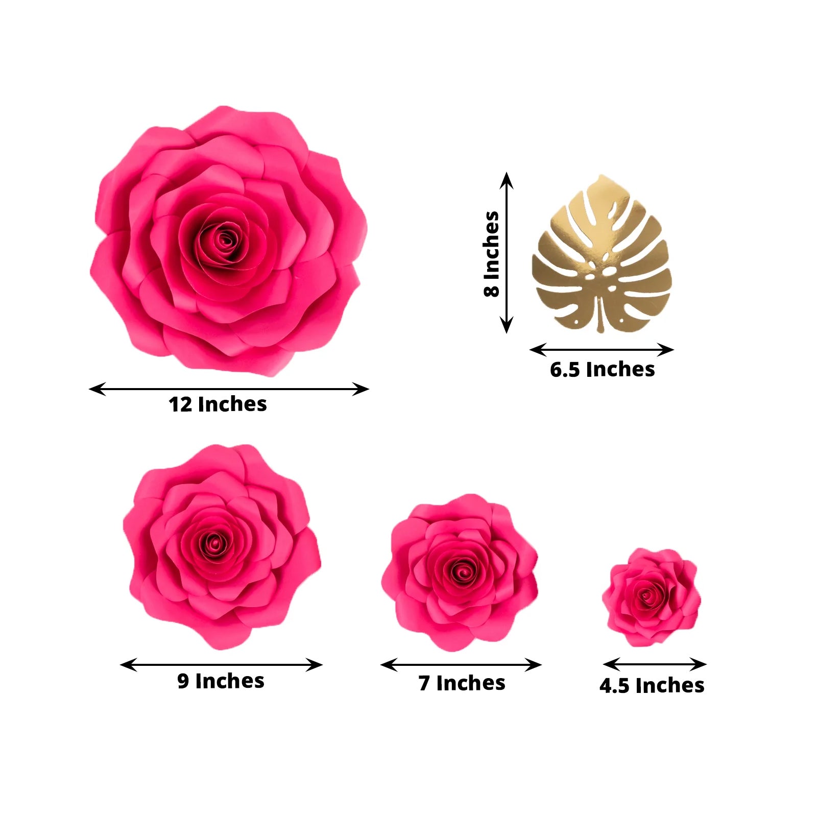 Set of 9 Fuchsia 3D Rose Paper Flowers with Gold Tropical Palm Leaves, Party Flower Backdrop Hanging Wall Decor