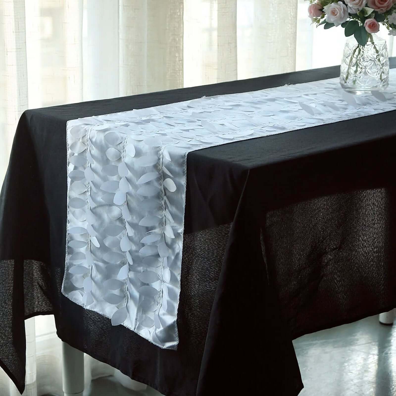 Taffeta Fabric 12x108 Table Runner White 3D Leaf Petal - Stylish Wedding Decor