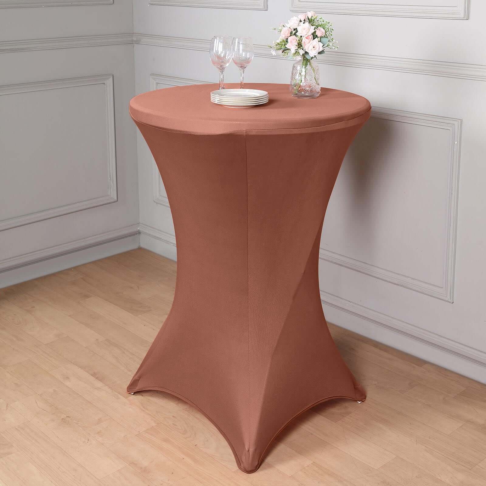 Spandex 24-32 Round Cocktail Table Cover Terracotta (Rust) - Easy to Maintain Stretch Fitted Highboy Tablecloth