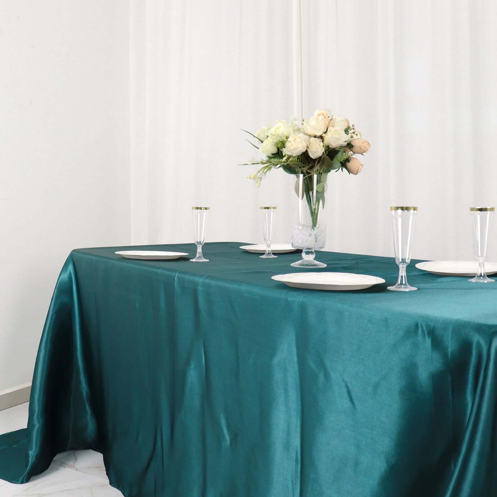 Satin Rectangular 90x132 Tablecloth Peacock Teal Satin - Seamless Table Cover