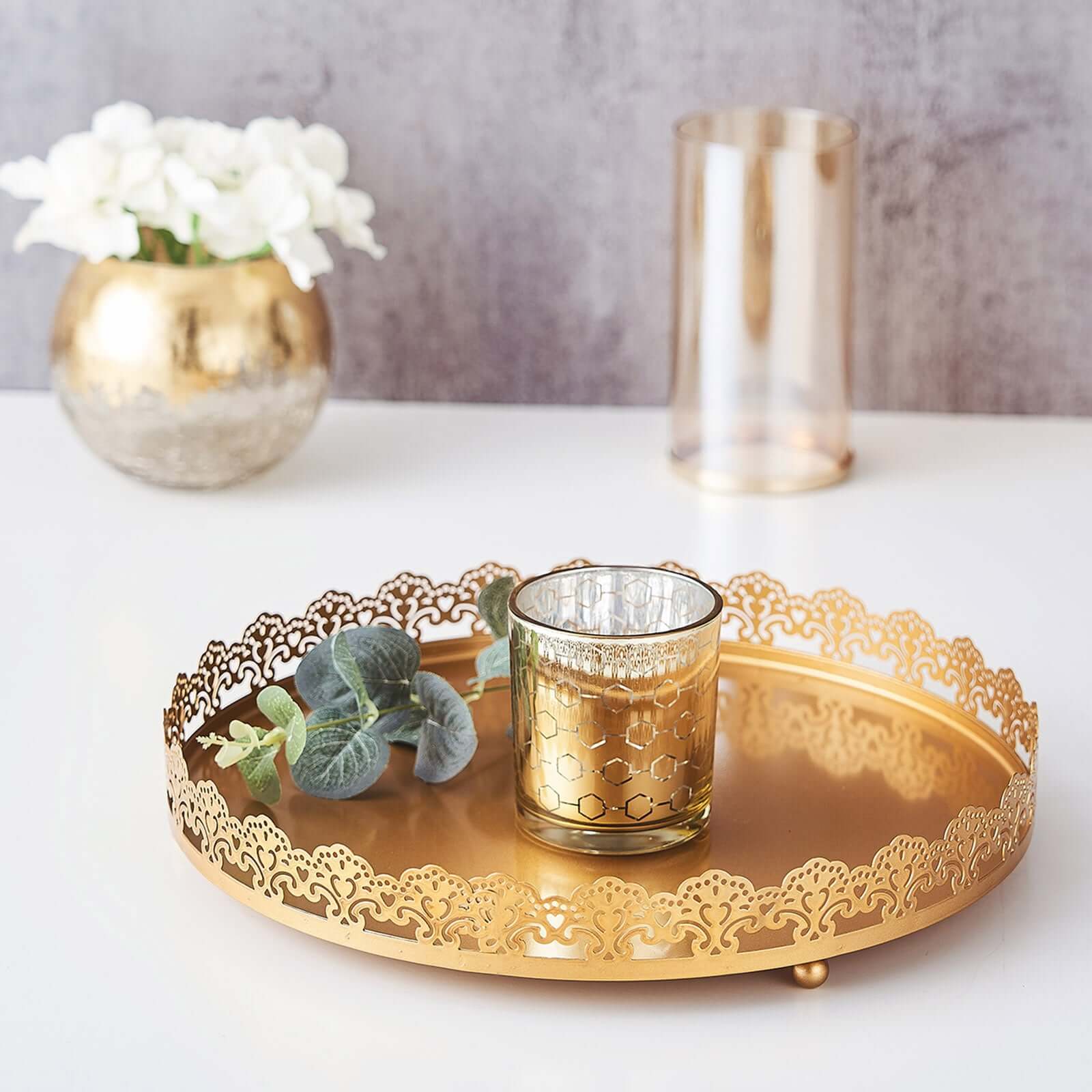 12 Gold Premium Metal Decorative Vanity Serving Tray, Round With Embellished Rims