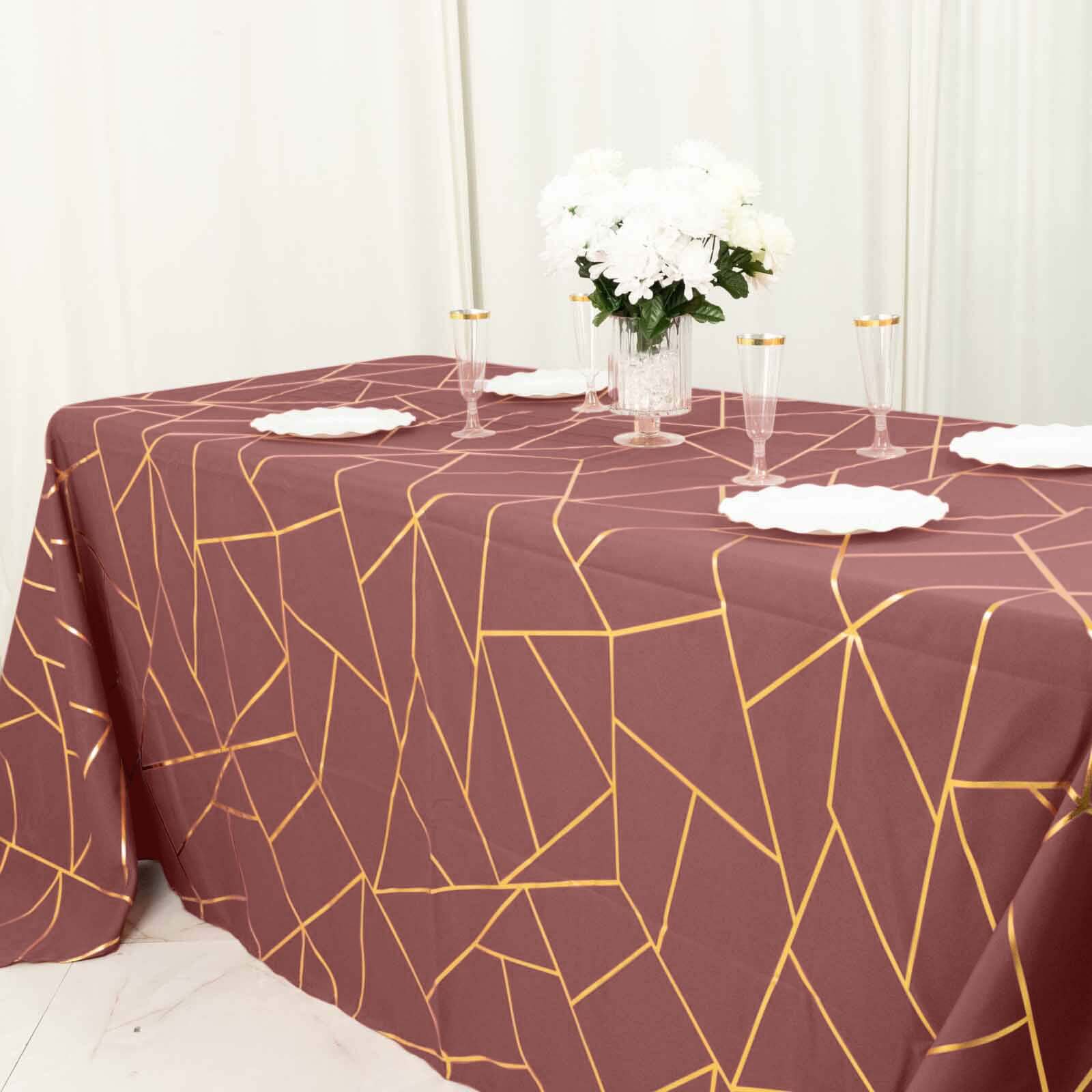 Polyester 60x132 Rectangle Tablecloth Cinnamon Rose with Gold Foil Geometric Pattern - Wrinkle-Resistant and Durable Table Cover for Weddings & Events