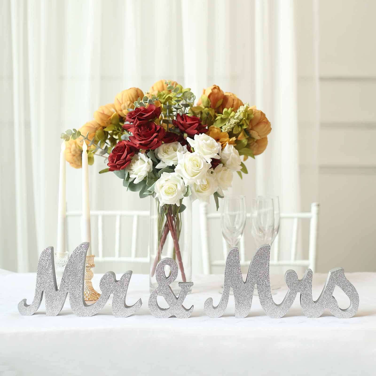 Wooden Mr & Mrs Freestanding Letters Silver Glittered - Rustic Glam Wedding Table Display Signs