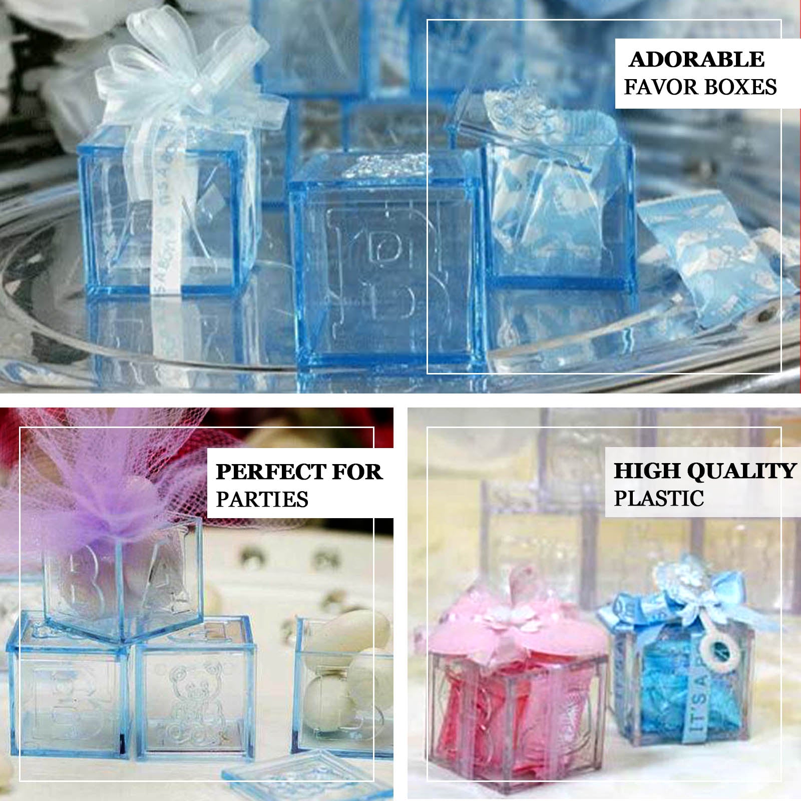 12 Pack 2 Pink Fillable Plastic Baby Shower Candy Gift Boxes, Transparent Baby Blocks Favor Boxes