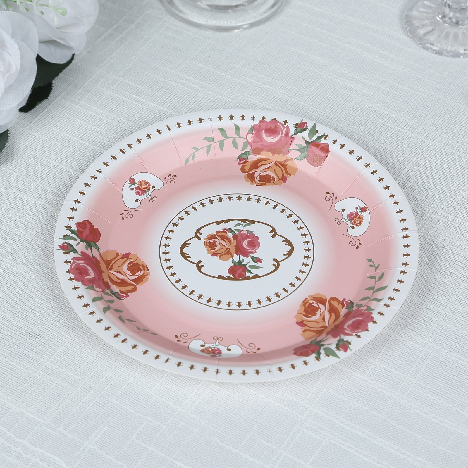 25-Pack Paper 7 Round Dessert Plates in Dusty Rose with Vintage Rose Flower Print - Disposable Appetizer Salad Plates