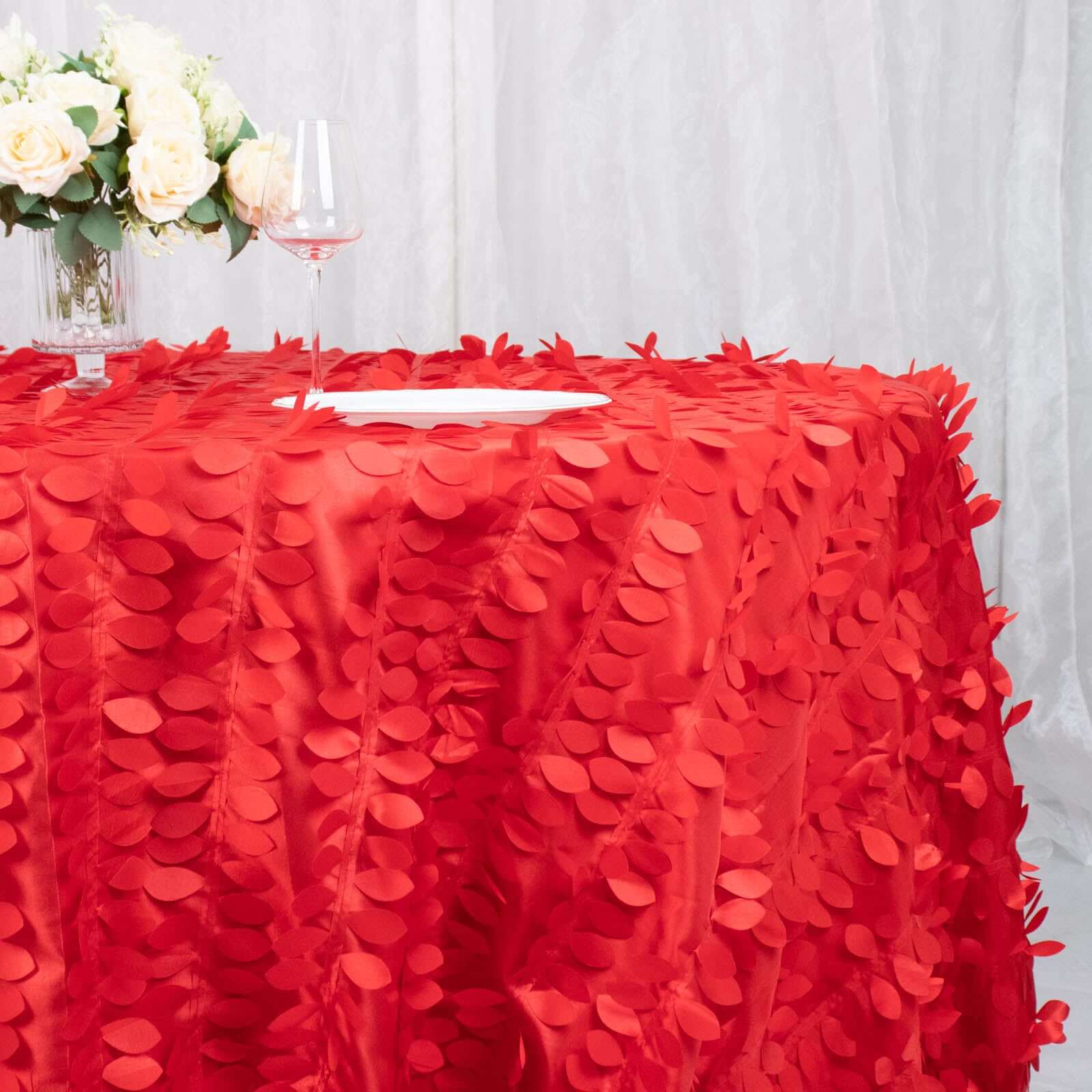 Taffeta 132 Round Tablecloth Red Leaf | 3D Leaf Petal Design Seamless Table Cover