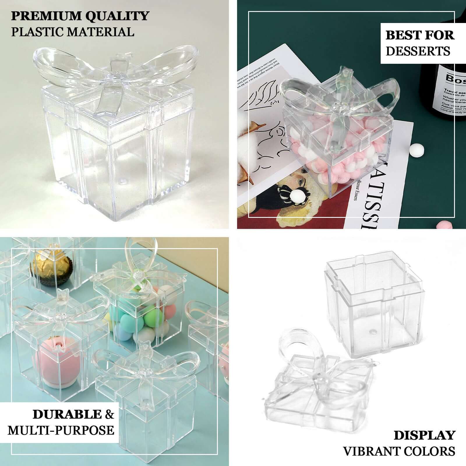 12 Pack 3 Square Clear Bow Top Plastic Party Favor Boxes, Transparent Candy Container Gift Boxes