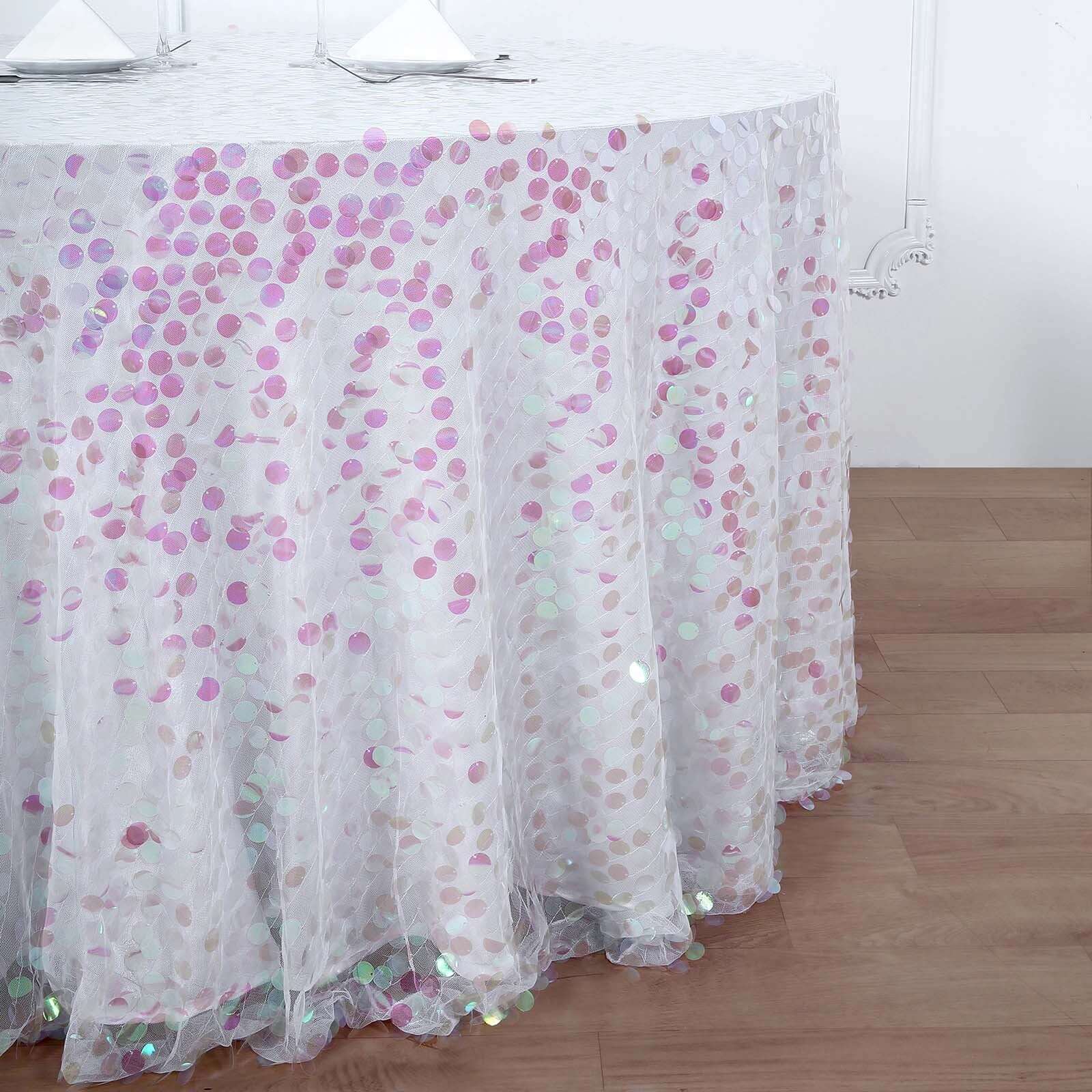 120 Iridescent Seamless Big Payette Sequin Round Tablecloth Collection for 5 Foot Table With Floor-Length Drop