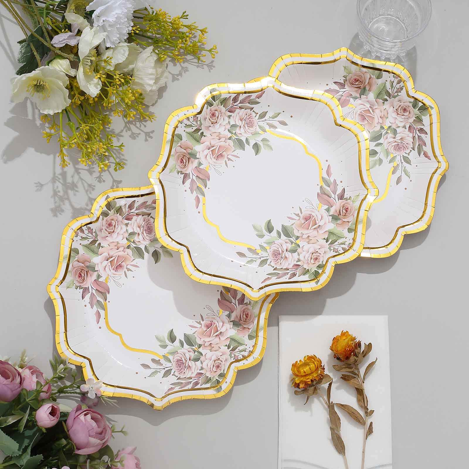 25-Pack Paper 8 Dessert Plates in White with Floral Print & Gold Scallop Rim - Disposable 300GSM Appetizer Salad Plates for Cocktail Events & Receptions