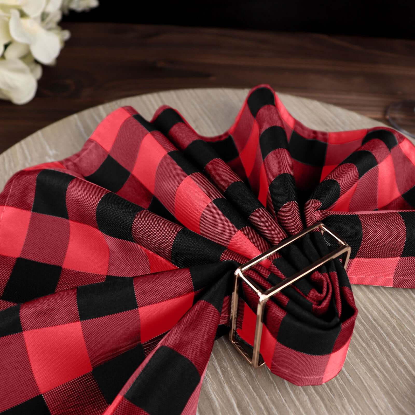 5 Pack Polyester 15x15 Napkins Black/Red Buffalo Plaid Gingham Style Cloth Napkins