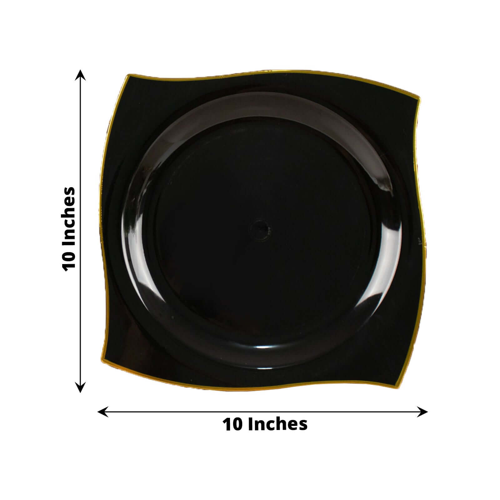 10-Pack Plastic 10 Square Dinner Plates in Black with Gold Wavy Rim Modern - Disposable Party Plates