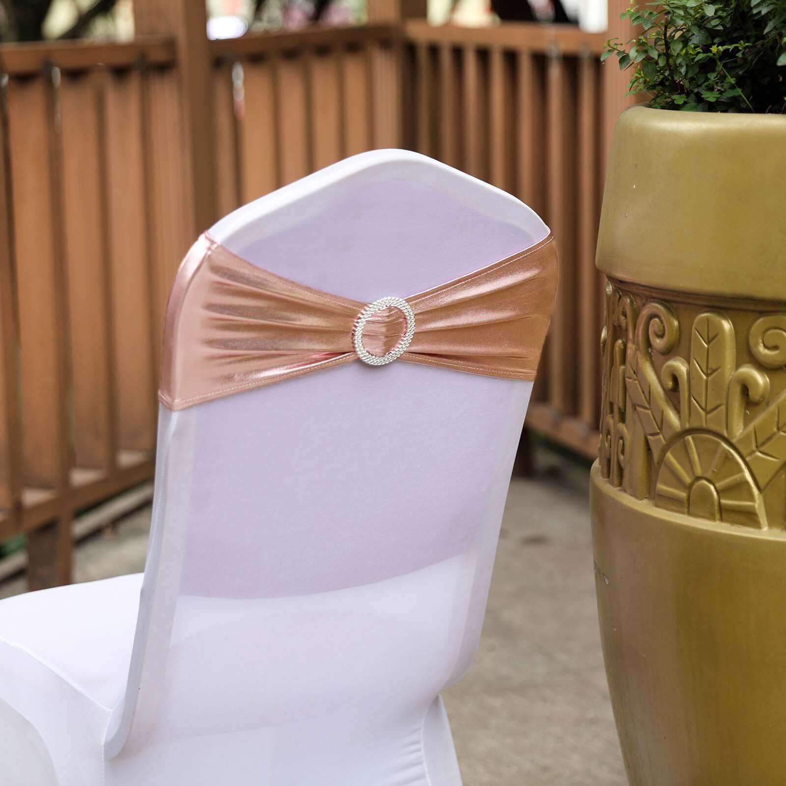 5 Pack Metallic Spandex Chair Sashes Blush - Stretch Fit Chair Bands With Round Diamond Buckles