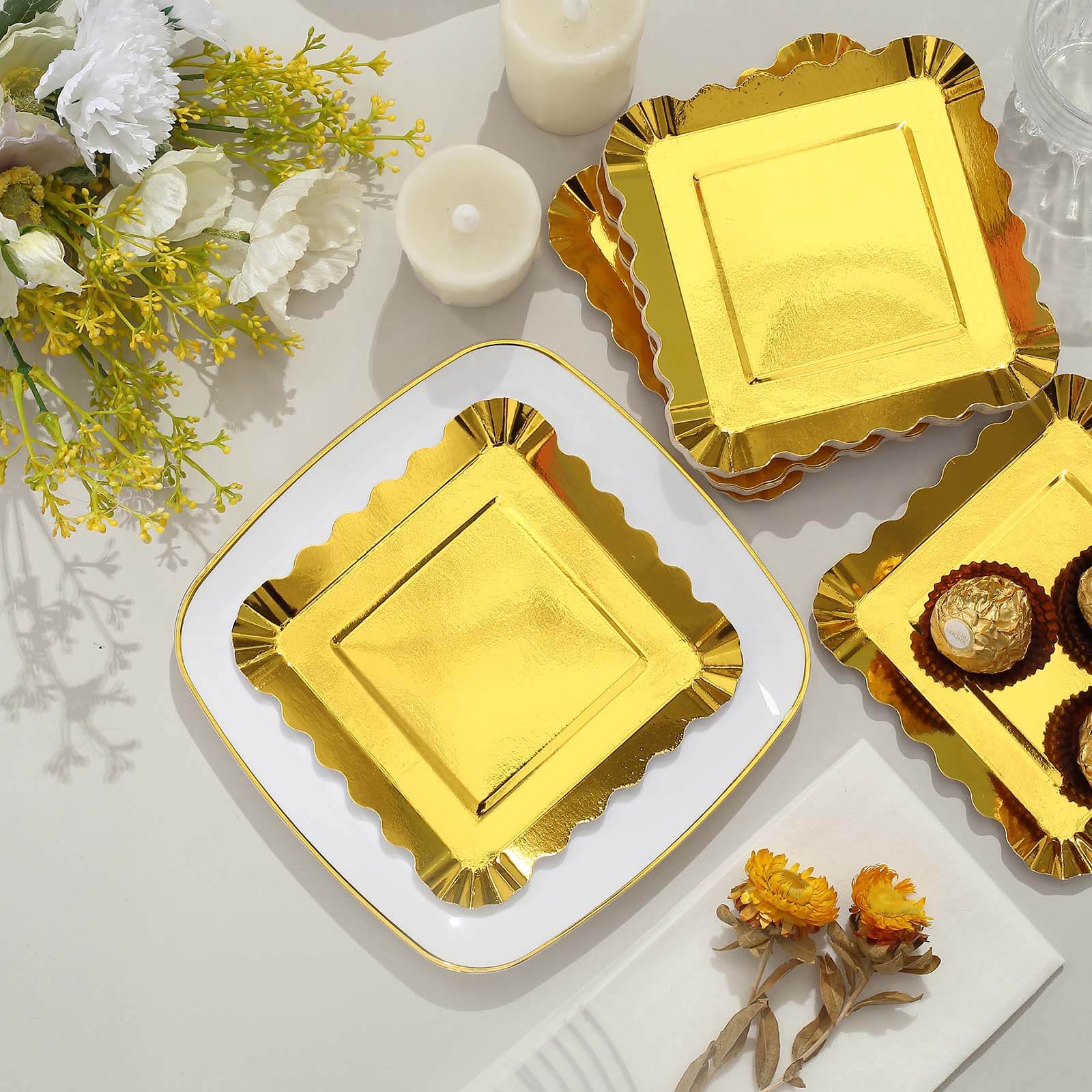 50-Pack Paper 5 Square Dessert Plates in Gold Foil with Scalloped Rim - Disposable Appetizer Plates for for Glam Gatherings & Special Occasions