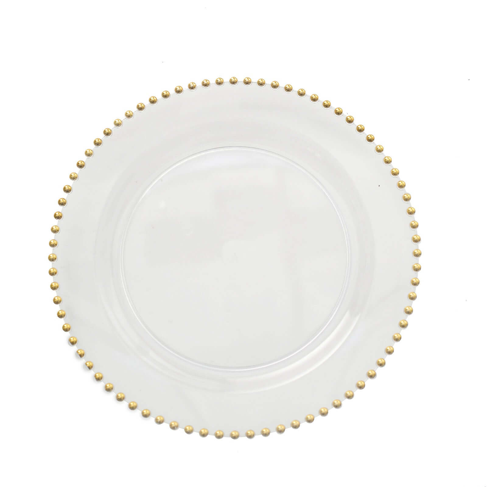 10-Pack Plastic 10 Round Dinner Plates in Clear with Gold Beaded Rim - Disposable Party Plates