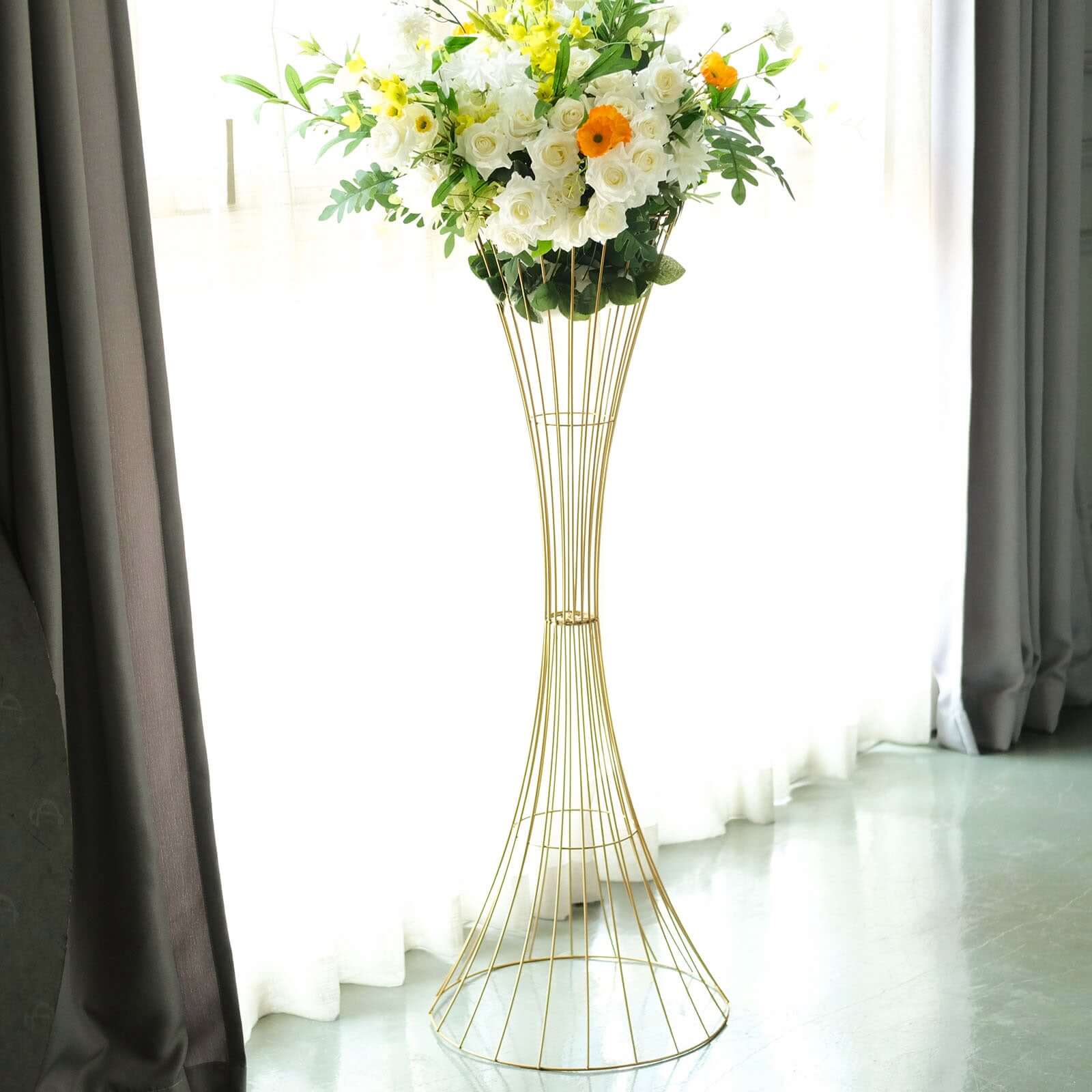 48 Tall Gold Metal Wire Hourglass Flower Frame Stand, Open Frame Reversible Trumpet Centerpiece Stand