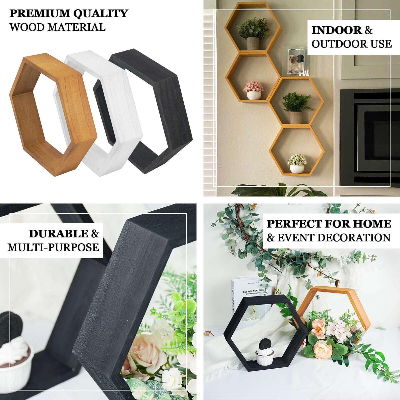 2 Pack 9 Tall Hexagon Black Wood Centerpiece, Geometric Terrarium Honeycomb Storage Shelf