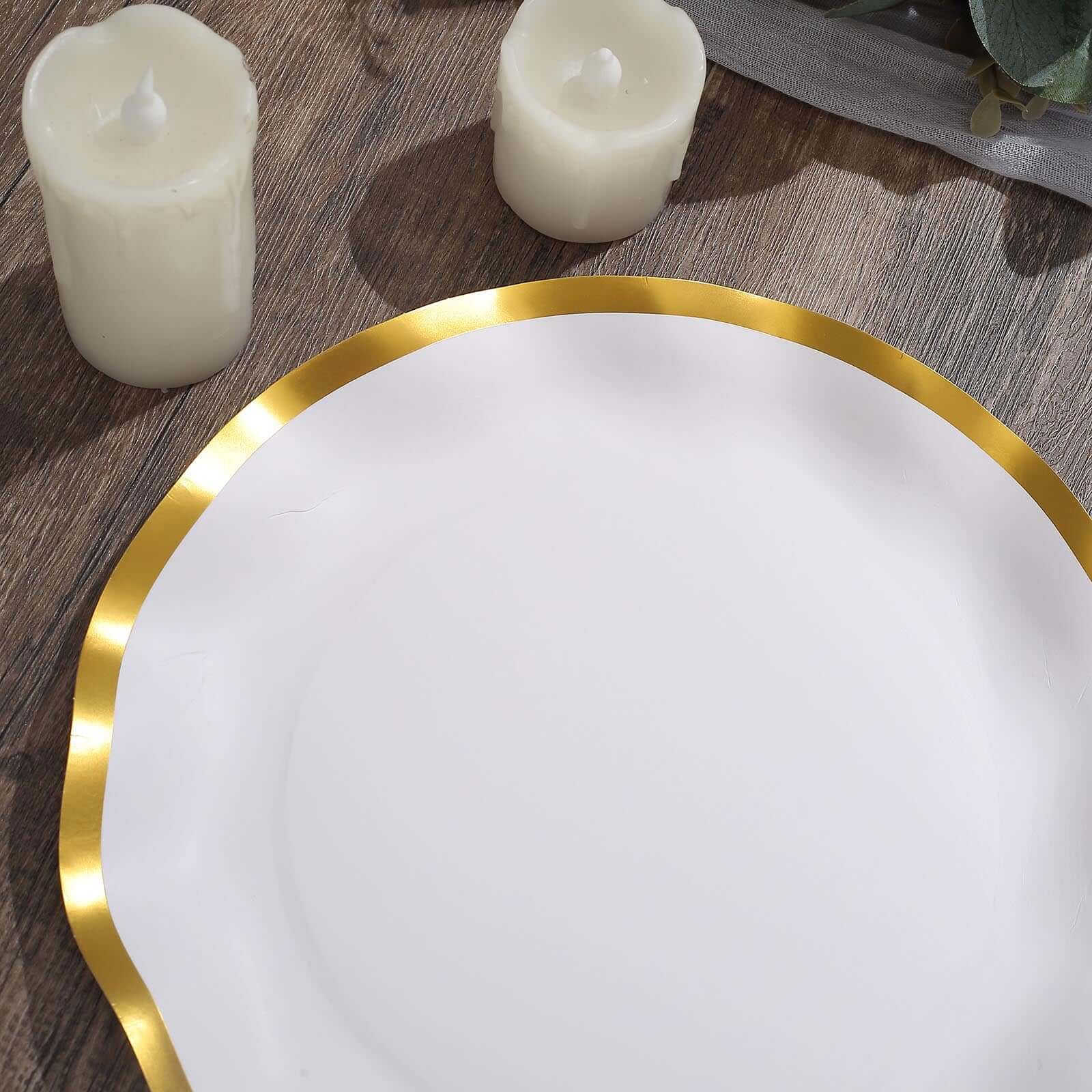 25-Pack Paper Round Dinner Plates 10 Matte White with Gold Wavy Rim - Disposable 350GSM Party Plates for Banquets & Upscale Gatherings