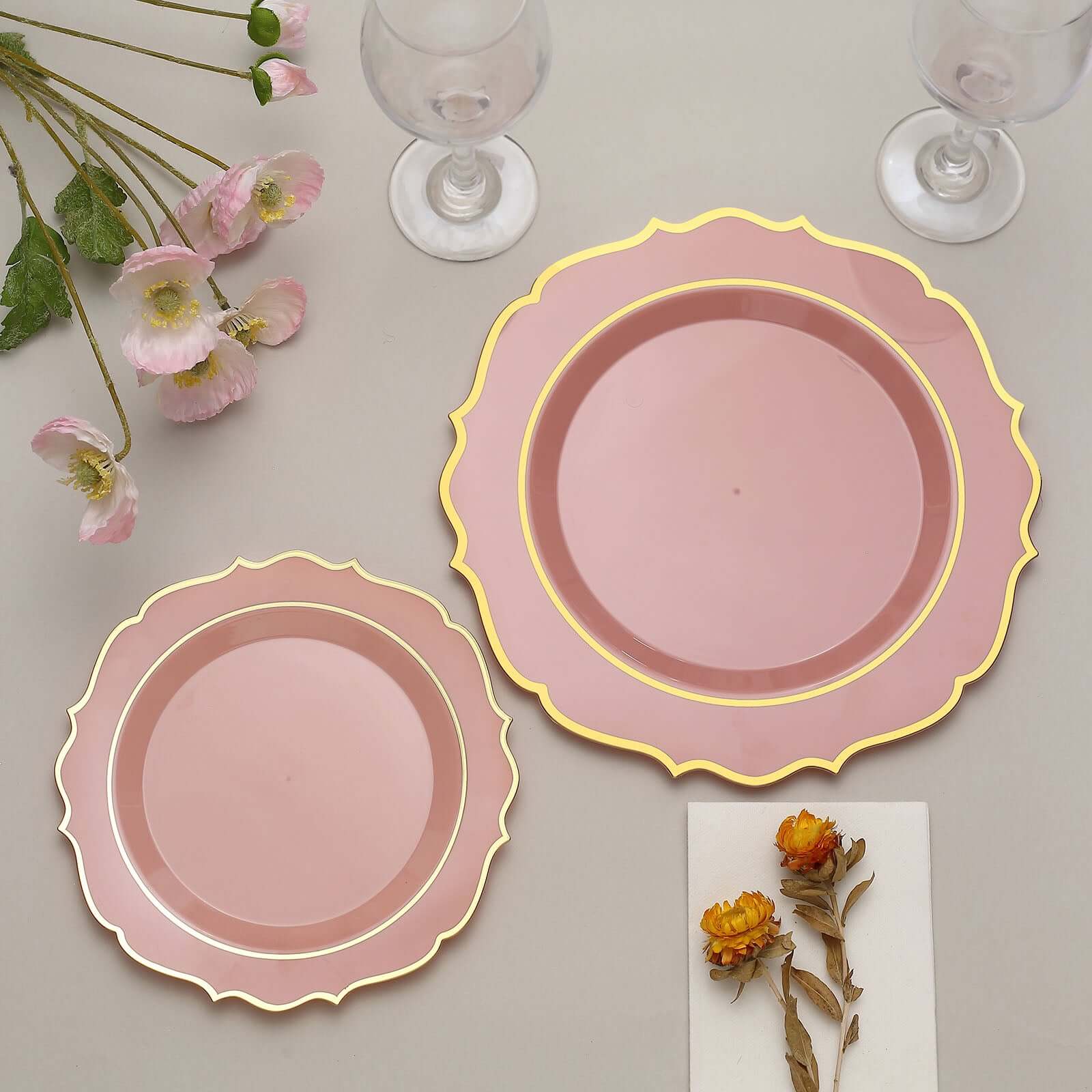 10-Pack Plastic 10 Round Dinner Plates in Dusty Rose with Gold Scalloped Rim - Disposable Party Plates