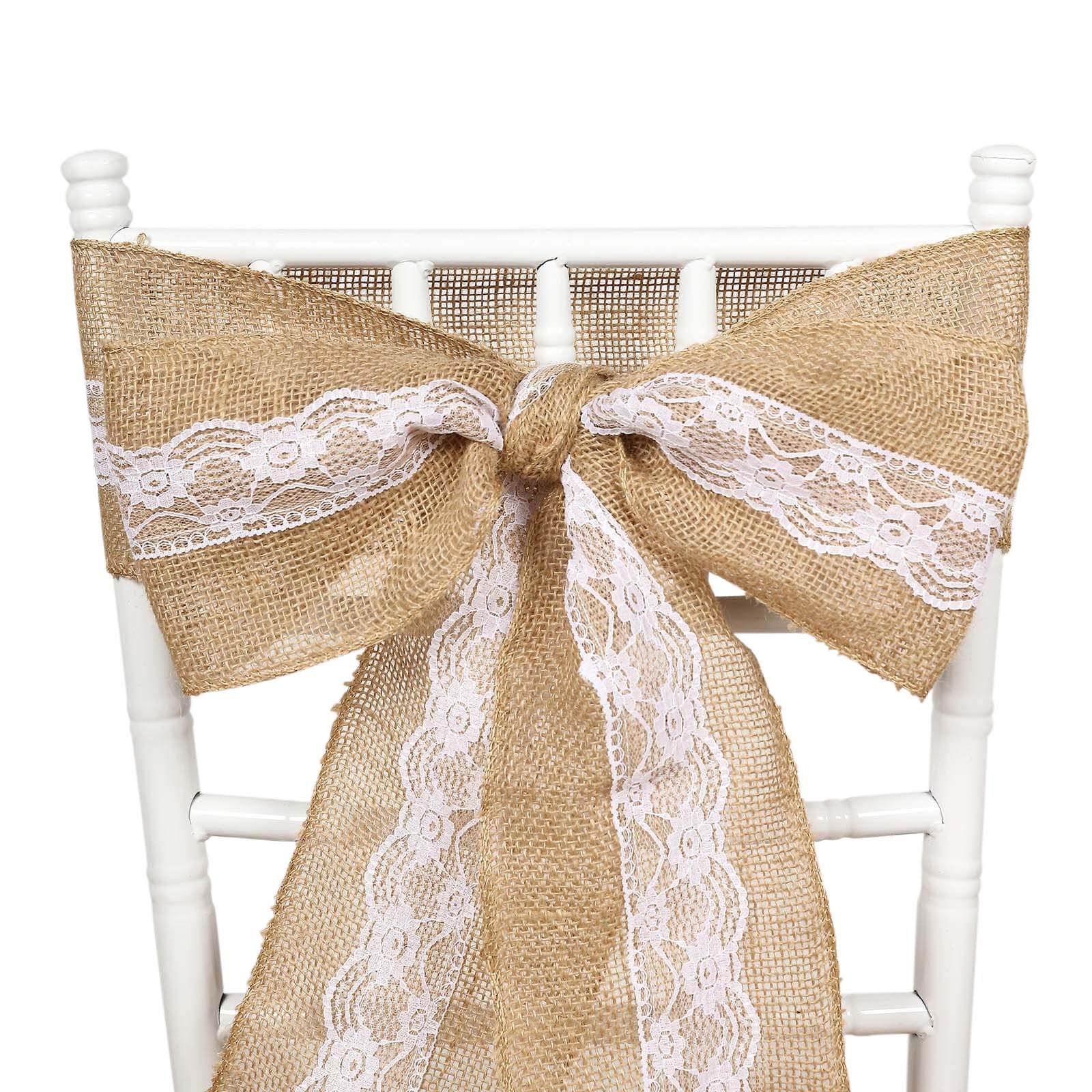 Natural Burlap Chair Sash 5x108 with Lace Hessian Jute - Rustic Bow Design for Weddings & Gatherings