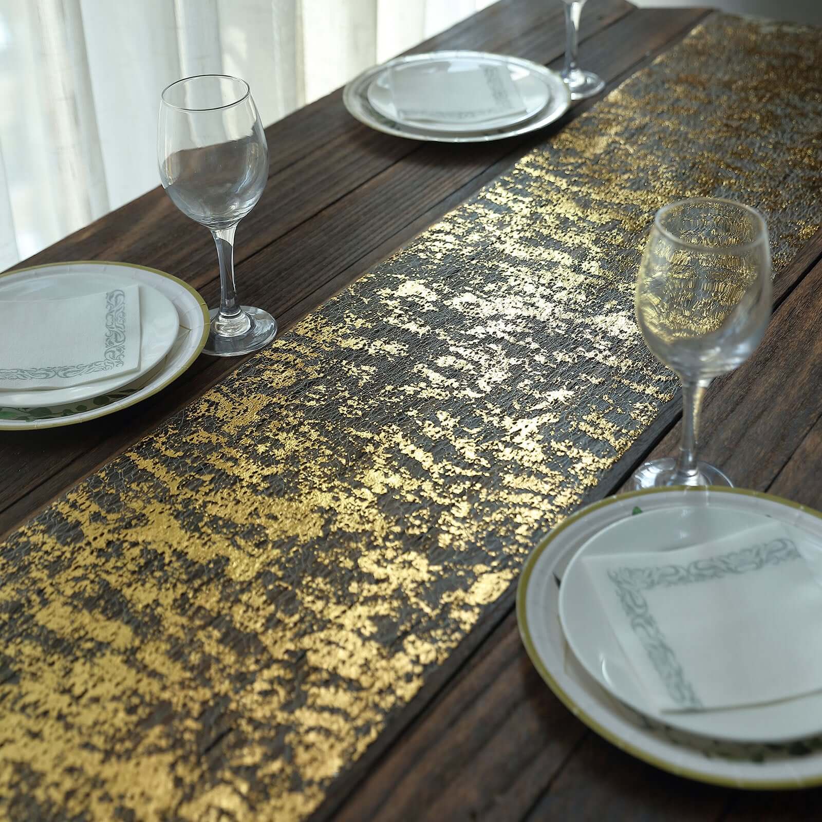 Mesh Polyester 108 Table Runner Roll Metallic Gold Distressed Foil Printing Design - Disposable Stylish Party Table Decor