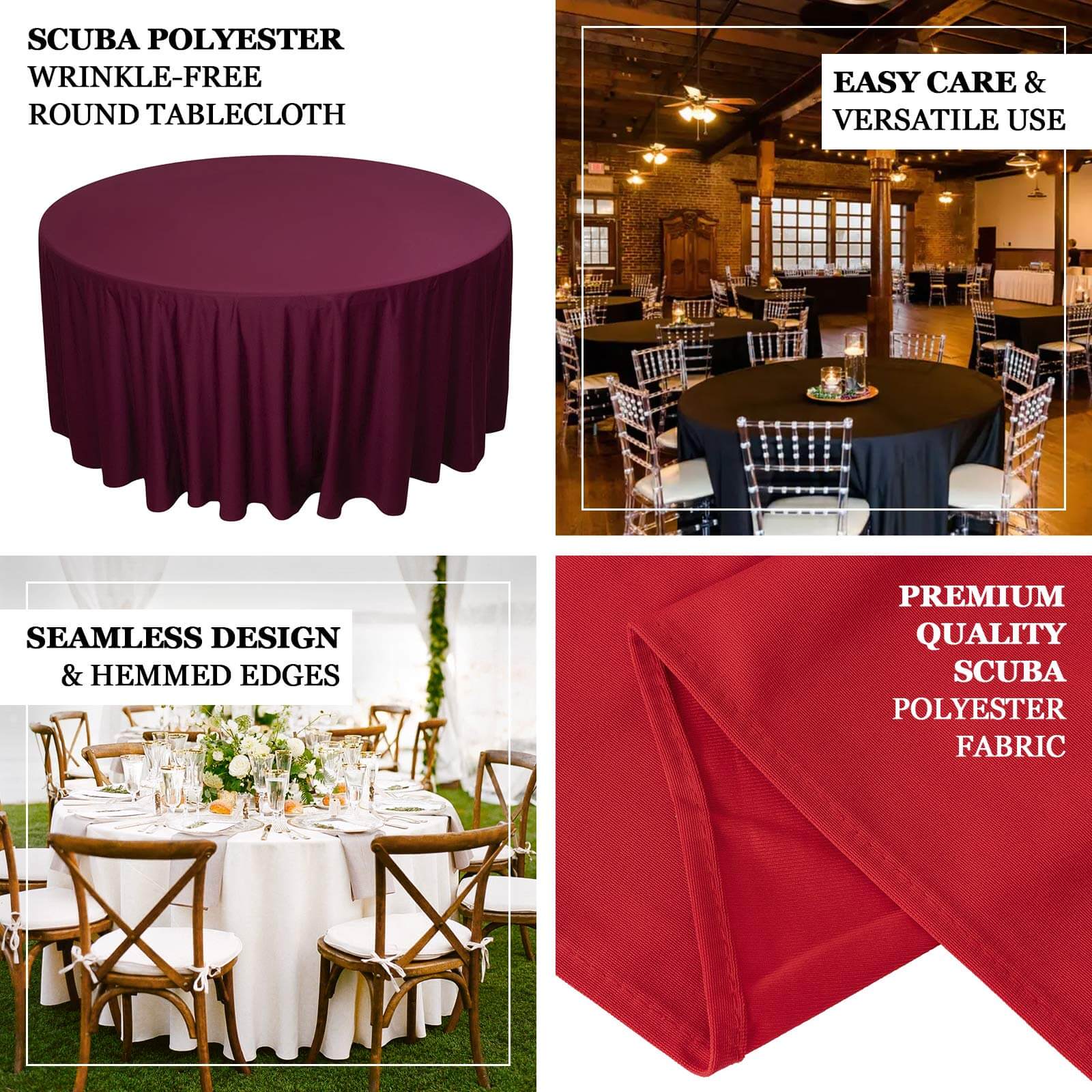 Premium Scuba Round 108 Tablecloth Burgundy - Wrinkle Free & Stain Resistant Table Cover