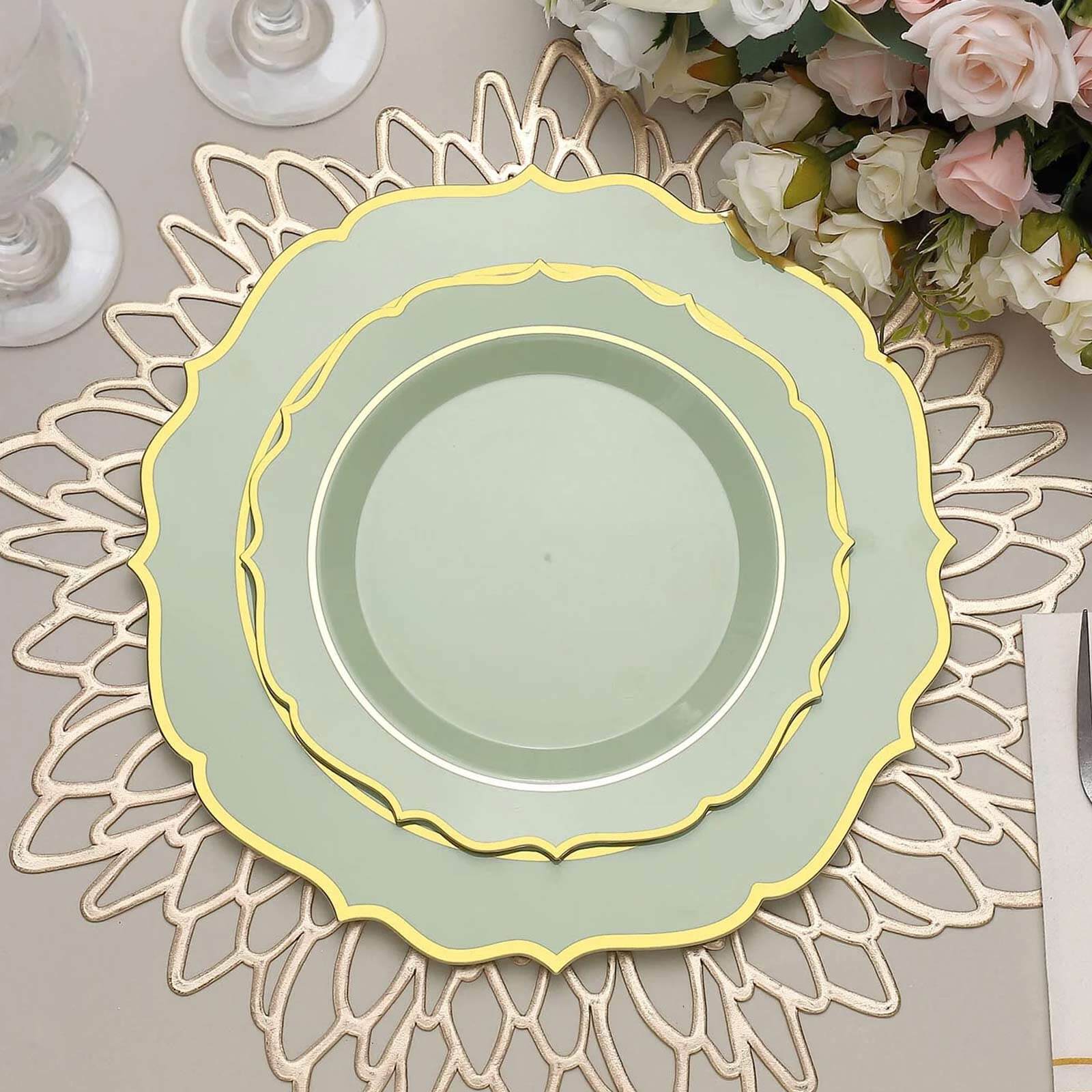 10-Pack Plastic 8 Round Desert Plates in Sage Green with Gold Scalloped Rim - Disposable Appetizer/Salad Plates