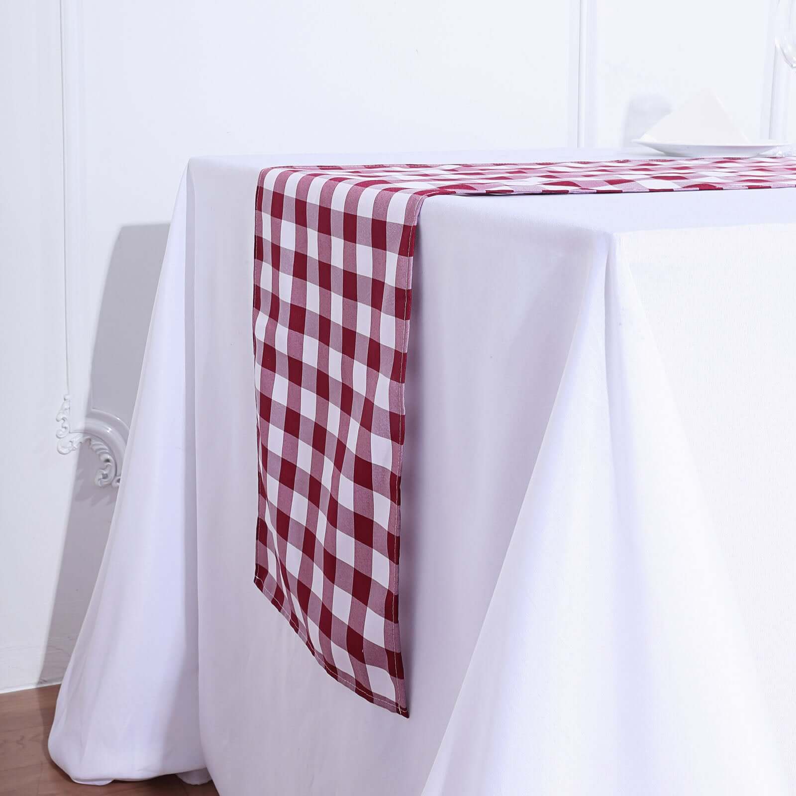 Polyester 14x108 Table Runner Burgundy/White - Gingham Plaid Design