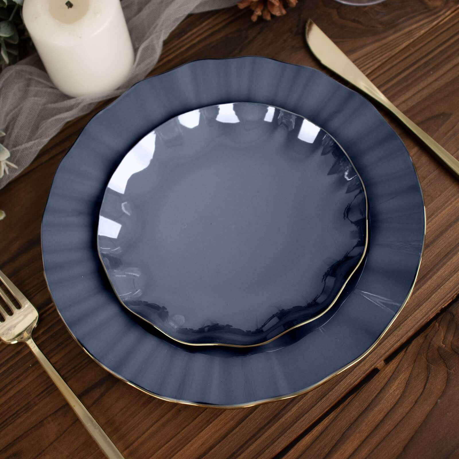 10-Pack Plastic Round 6 Dessert Plates in Navy Blue Ruffled Rim with Gold Edging - Sturdy Disposable Salad Appetizer Dinnerware