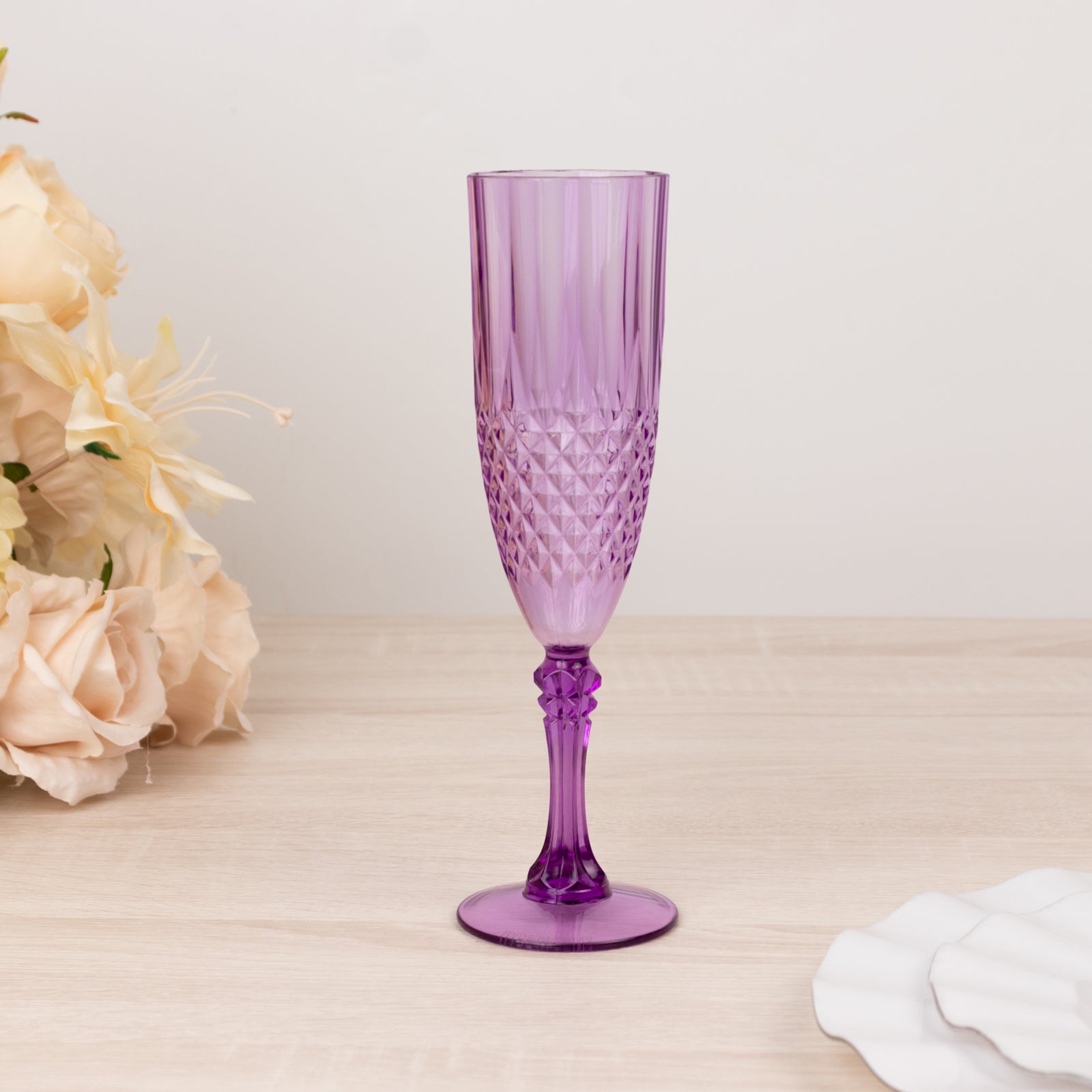 6-Pack Plastic Wedding Toast Flutes Purple Transparent Crystal Cut Style - Reusable Champagne Glasses 8oz